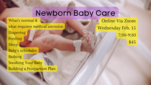 Text: Newborn Baby Care: What's normal & what requires medical attention, Diapering, Feeding, Sleep, Baby's schedule, Bathing, Soothing your baby, building a postpartum plan: Oline Via Zoom, Wednesday Feb. 15, 7:30pm-9:30pm, $45