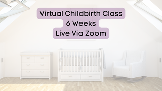 Image: All white nursery. Items left to right, dresser changing table combo, crib, chair. Text: Virtual Childbirth Class 6 Weeks Live Via Zoom. Clickable for more info and to register