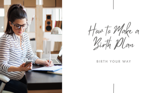 A graphic featuring a pregnant woman sitting at a desk looking at her phone. She has a notepad she is writing on and a laptop on her desk. She seems to be making a birth plan. Text next to this image says 