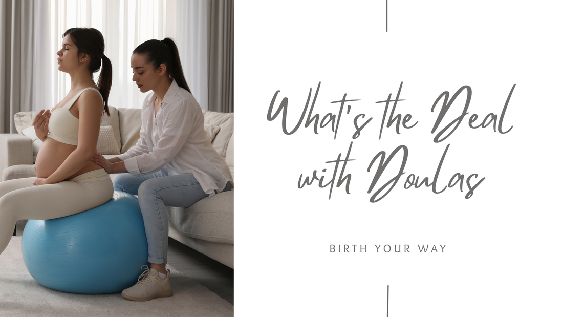 Picture to the left of graphic shows a laboring mother on a birth ball practicing breathing and meditation during the birth of her baby. She has a birth doula sitting behind her on the couch giving her massage and counter pressure to assist with pain management.